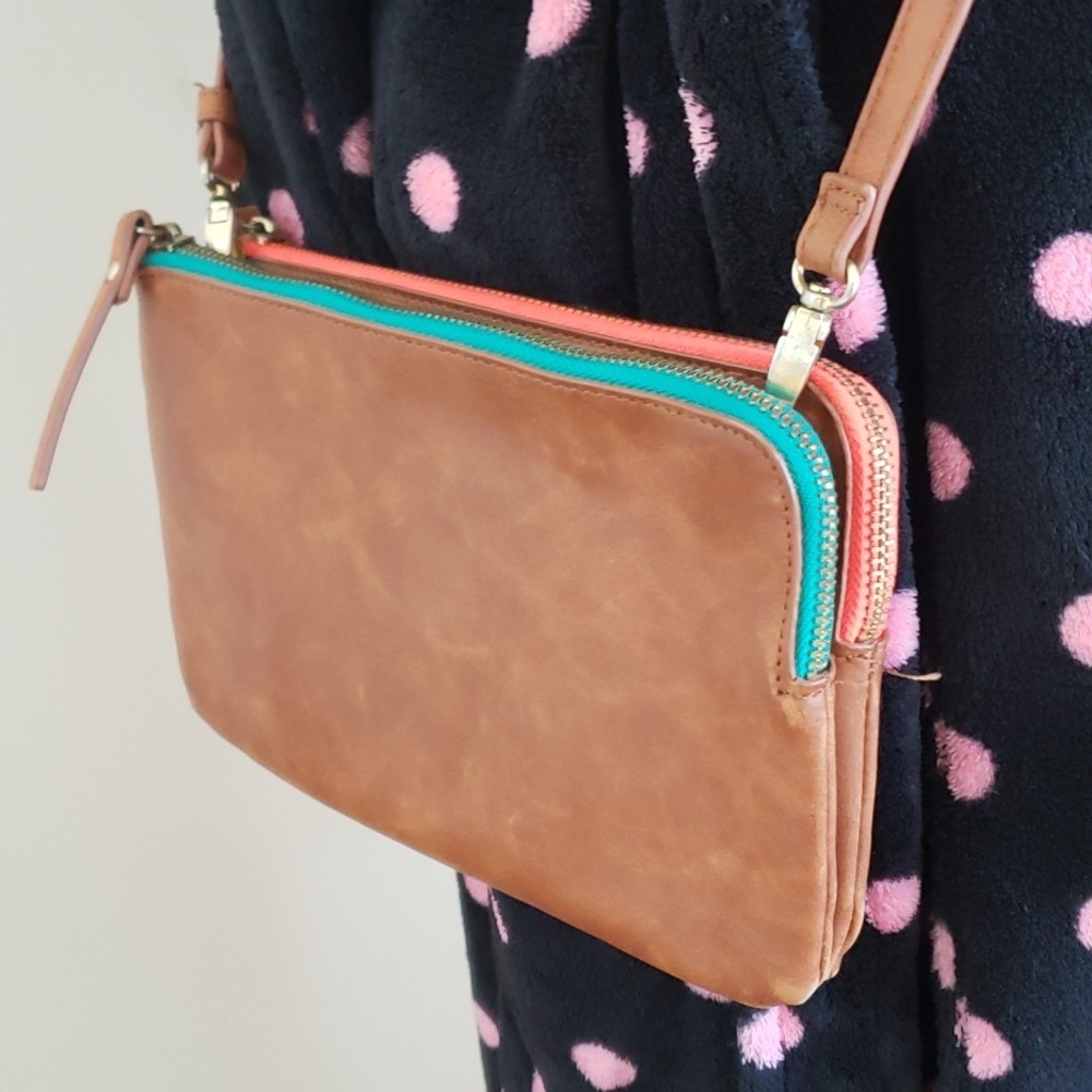 Target Caramel Marble None Leather Double Zipper Crossbody Bag detachable Strap.